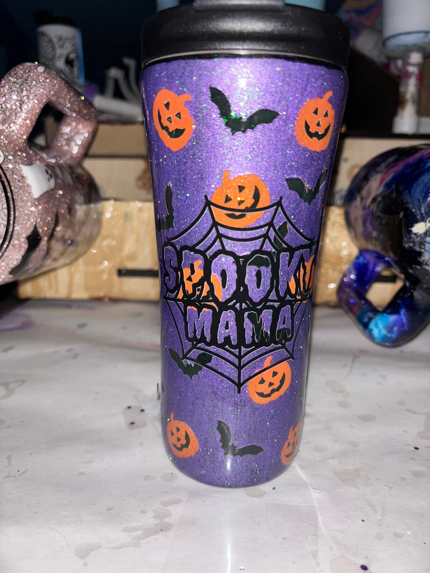 16 ounce Slim Travel Jack O'Lanterns and Bats (Glows)