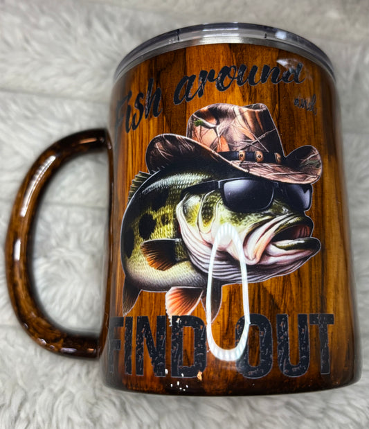 12 oz morning mug Woodgrain Fish around and Find out