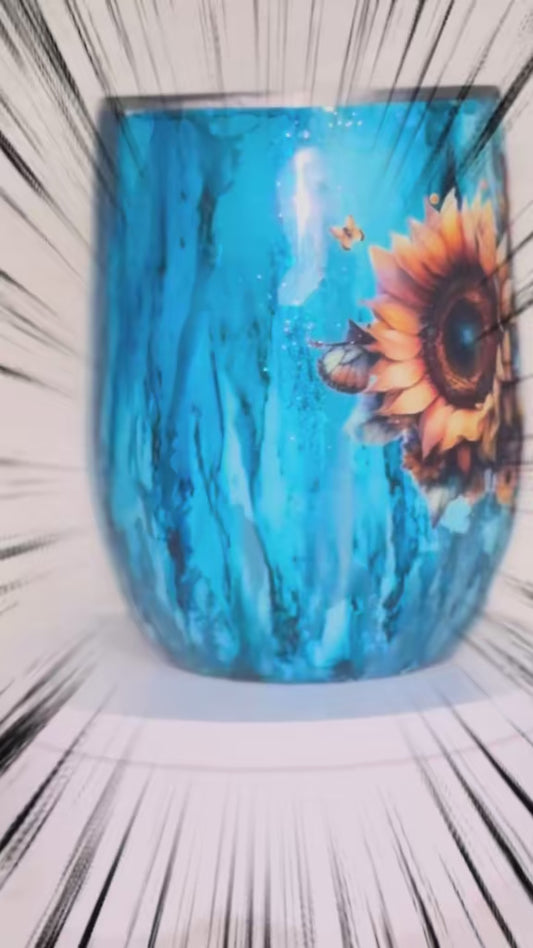 12 oz Wine Blue Ink Drip Sunflower